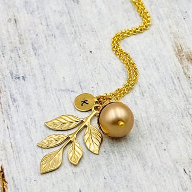 Gold Pearl Acorn Necklace, Keepsake Jewelry, Personalized Jewelry, Leaf Necklace, Initial Jewelry, Autumn Necklace 