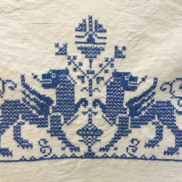 Vintage Griffon Table Cloth, Hand Stitched Linen Look, Blue Cross Stitch Gryphon Design, Griffin Mythical Creature 