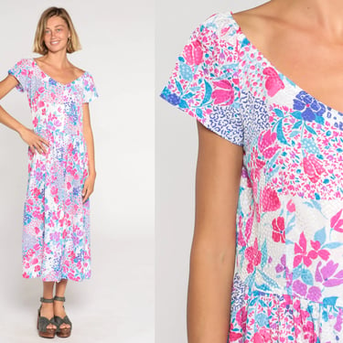 Bright Floral Dress 80s Midi Dress Retro Summer Dress Short Sleeve Button Up Day Embossed Casual Pink Blue Purple 1980s Vintage Medium 