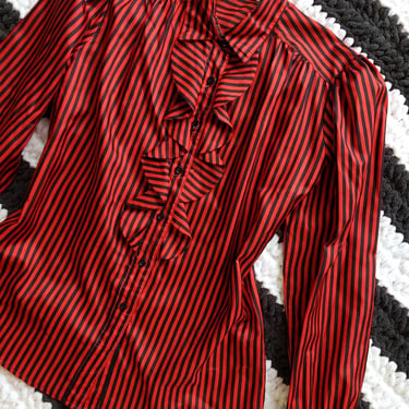 Fabulous Vintage 70s 80s Red Black Stripe Long Sleeve Button Down Blouse with Tuxedo Ruffle Front 