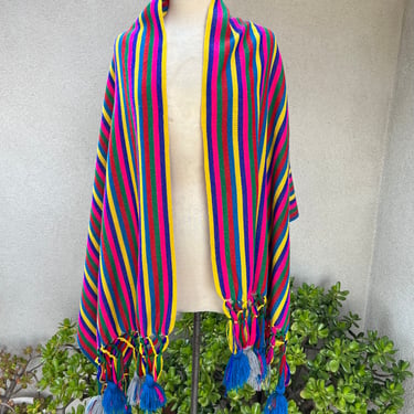 Vintage Mexican rebozo shawl or table runner stripes green blue orange yellow fabric 26” x 68” 