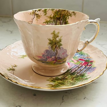 Vintage Aynsley Forest Meadow Scene Pink Embossed Tea/Coffee Cup and Saucer by LeChalet