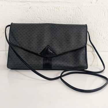 Vintage Liz Claiborne Crossbody Purse Genuine Leather Trim Bag Adjustable Strap Structured Handbag Gray Black 1984 1980s 