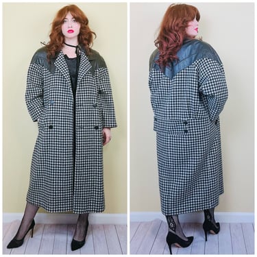 1980s Vintage Concept Wool / Acrylic Houndstooth Coat / 80s Western Leather Oversized Double Breasted Cocoon Jacket / Large - XL 