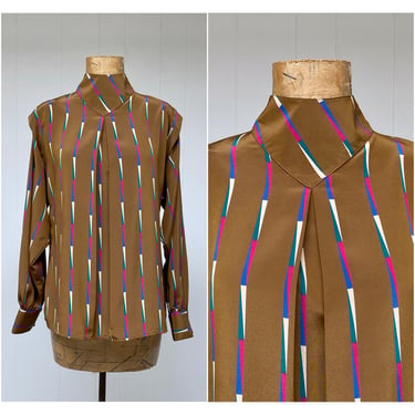 Vintage 1980s New Wave Blouse, 80s High Neck Long Sleeve Button Back, Geometric Print Polyester Top by Privé, Medium 