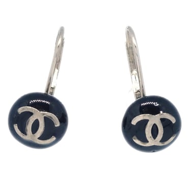 Chanel Button Piercing Earrings Black Silver 03C