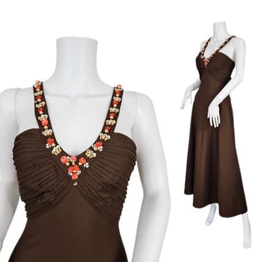 1970's Brown Poly Knit Beaded Sleeveless Maxi Dress I Sz Med I Yvette I Ballroom Dancing 
