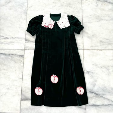 Women’s Vintage Velvet Dress Apple Embroidery Green Pleated Cottagecore Small 