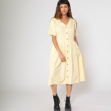 Vintage 90s Yellow Button-Up Dress Cotton Short Sleeve V-Neck Midi Shirtdress Cottagecore Summer Boho 1990s Medium M 