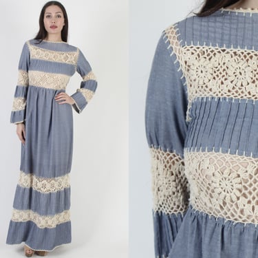 Ethnic Long Bell Sleeve Crochet Dress, South American Floor Length Mexican Gown, Vintage Woven Cut Out Knit Paneling 