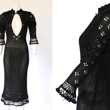 Vintage Crochet Knit Flounce Sleeve Evening Midi Dress - Black Open Weave - Small and Medium 