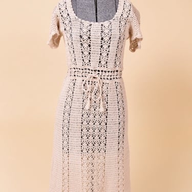 Cream Crochet 70s Tie Front Scoop Neck Dress, S