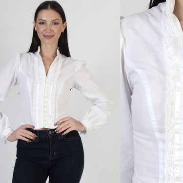 Vintage 80s Gunne Sax Top, Plain White Floral Lace Blouse, Victorian Old Fashion Lawn Tunic 