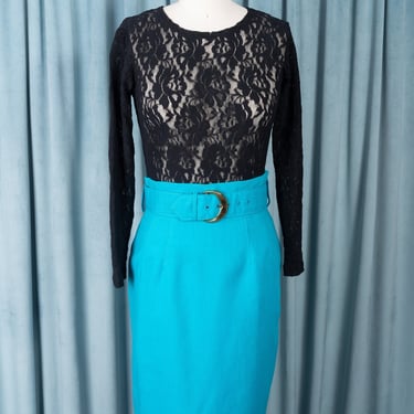 1980s Bright Turquoise Belted High Waist Skirt by Michele 