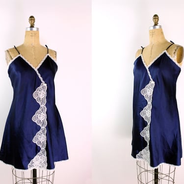 80s Blue and White Lace Mini Slip Dress / Wedding Lingerie / Size S/M 