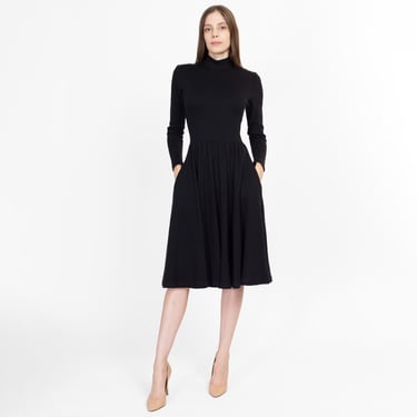 XS 80s Black Fit & Flare Mockneck Knit Midi Dress | Vintage Long Sleeve Wool Blend Pocket Sweater Dress 