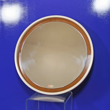 Large Vintage West German Circular Teak Veneer Mirror Modernist Mid Century Modern Retro Scandinavian Round Minimalist Bathroom Hallway Wall 