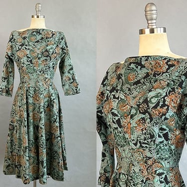 1950s  Dress / 50s Ann Marsh Print Dress with Dropped Boatneck Neckline / 1950s Fit & Flare Dress / Size Small 