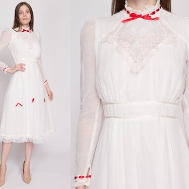 XS| 60s Mary Poppins White Lace & Red Satin Bow Dress - Extra Small | Vintage Victorian Style Boho Formal Midi Dress 