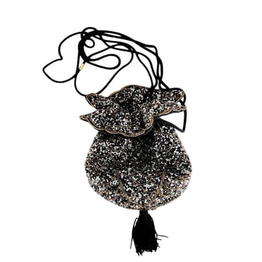 Vintaged Beaded Evening Blac Black Silk Drawstring Crossbody Purse 