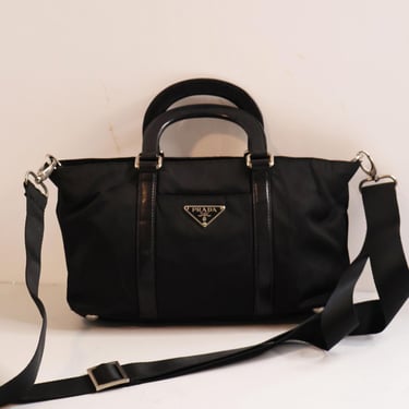 PRADA Y2K Black Nylon + Leather Tessuto Top Handle Bag with Removable Strap Crossbody Y2K 2000s Minimal Vela Mini Hobo 