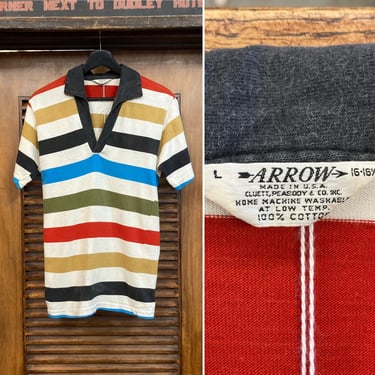 Vintage 1960’s “Arrow” Border Stripe Multi-Color Mod Cotton Shirt, 60’s Polo Shirt, Vintage Clothing 