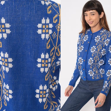 60s Floral Cardigan Sweater Blue Acrylic Cardigan Knit Boho 70s Geometric Knitwear Button Up Bohemian Grandma Vintage Small S 