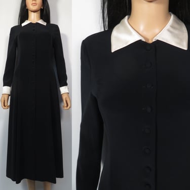 Vintage 90s Wednesday Addams Ivory Satin Collar And Cuff Tuxedo Button Front Dress Size S/M 