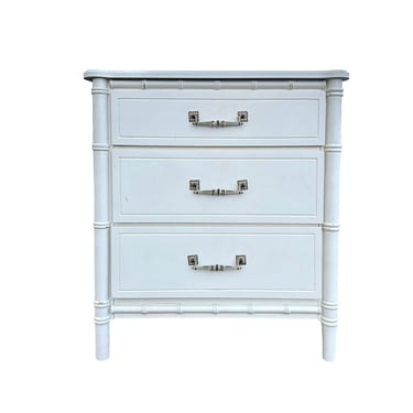 Faux Bamboo Nightstand 3 Drawers 30" Tall - One Vintag White Wooden Bedside Table Chest Hollywood Regency Coastal Furniture 