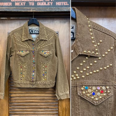 Vintage 1980’s “Gazoz” Label Studded Brown Denim Jacket, 80’s Trucker Jacket, Vintage Rhinestone, Vintage Clothing 
