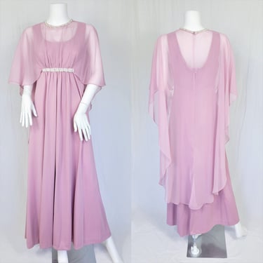 Empire Waist 1970's Lavender Pink Chiffon Batwing Long Maxi Dress Cape I Sz Med 