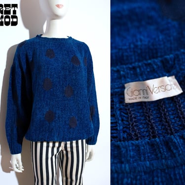 Versace Vintage Early 80s Blue Black Polka Dot Chenille Pullover Sweater 