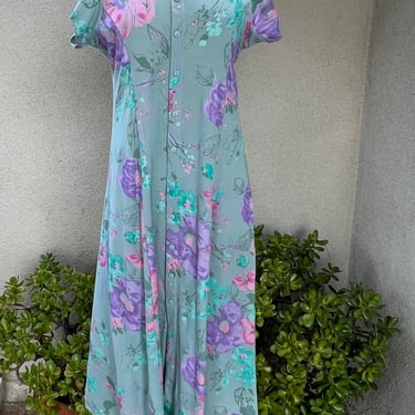 Vintage boho blue green purple floral button front dress jersey knit Sz Medium large Made in California 