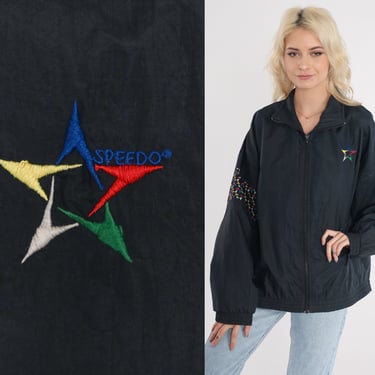 Speedo Jacket 90s Black Windbreaker Zip Up Bomber Jacket Embroidered Star Print Shell Coat Retro Streetwear Sporty Vintage 1990s Mens Large 