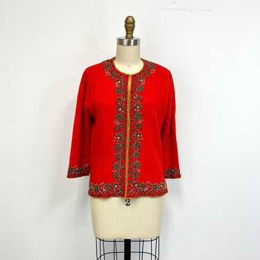 Vintage Beaded Cardigan Sweater |  50s Cashmere  and Angora Sweater in Red | Size Medium 