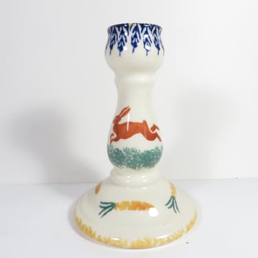 Vintage Moorland English Pottery Rabbit Candlestick Holder - Staffordshire Pottery Stenciled Rabbit Candle Holder 