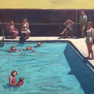 Pool #47  |  Original Acrylic Painting on Deep Edge Canvas 30 x 24, retro, mid century modern, michael van, blue, aqua, swimming, summer 