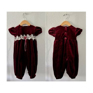 Vintage Toddler Girl Velvet Romper Jumpsuit Burgundy Holiday Outfit - Size 24 Months 