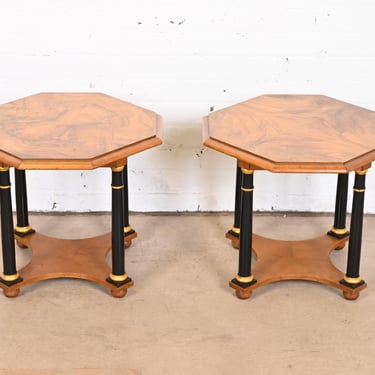 Baker Furniture Neoclassical Burl Wood Parcel Ebonized and Gilt Side Tables, Pair