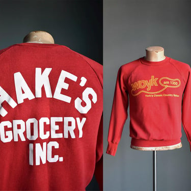 Vintage Red Raglan Pullover / Red Vintage 1980s Pullover Sweatshirt / Classic Country Radio Station Pullover Sweatshirt Small 