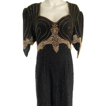 Vintage heavily embellished full length gown, long sequin dress, gold beaded gown, scalloped flapper dress size large xl 