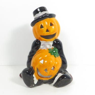 Vintage Ceramic Halloween Jack-O-Lantern Votive Candle Holder 