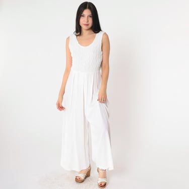 Vintage White Wide Leg Jumpsuit 90s Smocked Embroidered Scoop Neck Party Romper Pants Sleeveless Basic Chic Minimalist 1990s Small 5/6 