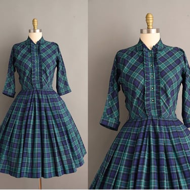 vintage 1950s Dress | Vintage Navy Blue & Green Plaid Print Cotton Shirtwaist Dress | Medium 