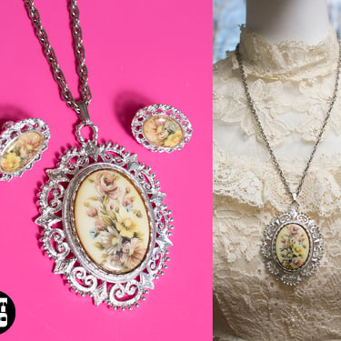 Large Beautiful Vintage 60s 70s Floral Cameo Pendant Necklace & Earring Set 