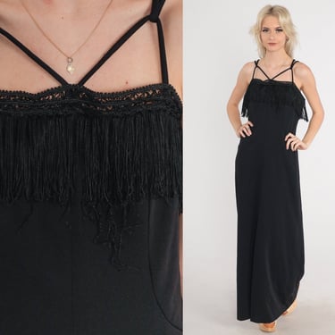 Black Fringe Dress 70s Long Party Dress Strappy Maxi Sleeveless Criss Cross Cocktail Formal Prom Front Slit Vintage 1970s Pazzazz Medium M 