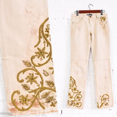 1990s Beige Denim Jeans | 90s Beige & Gold Embroidered Jeans | Ralph Lauren | 27/34 