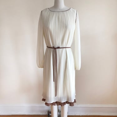 Cream and Light Brown Plisse Dress - 1970s 
