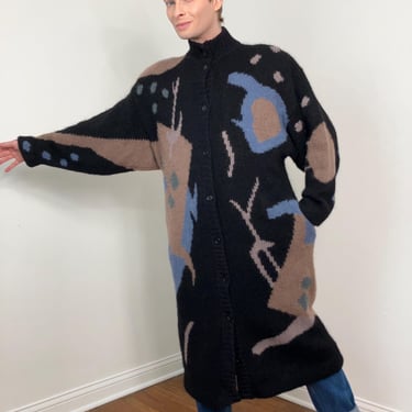 80s Abstract long cardigan sweater coat by Segue 