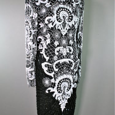 1880s , 1990s, Trophy Dress - Sparkle Cocktail Dress -  Black and White - Beaded and Sequined - Estimated size S/M 